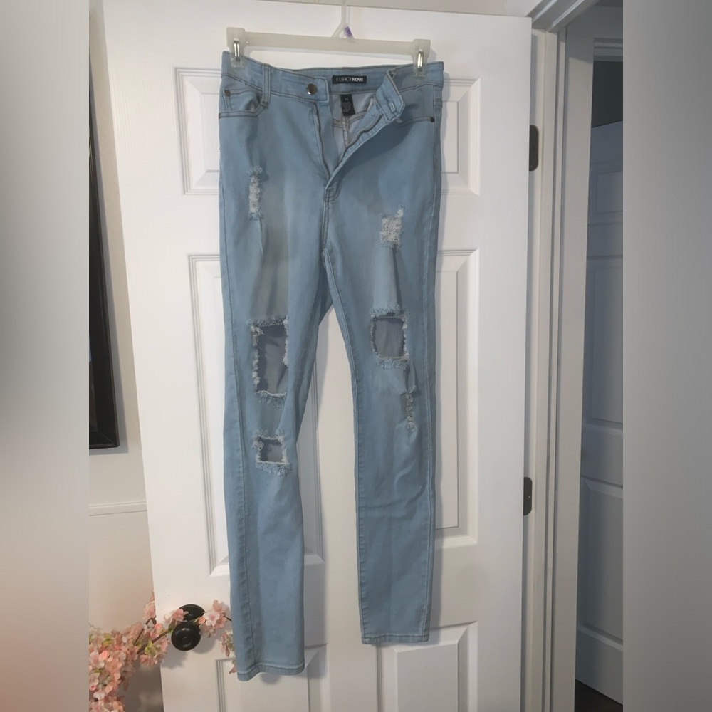 Fashion Nova Light Blue Distressed Skinny Jeans